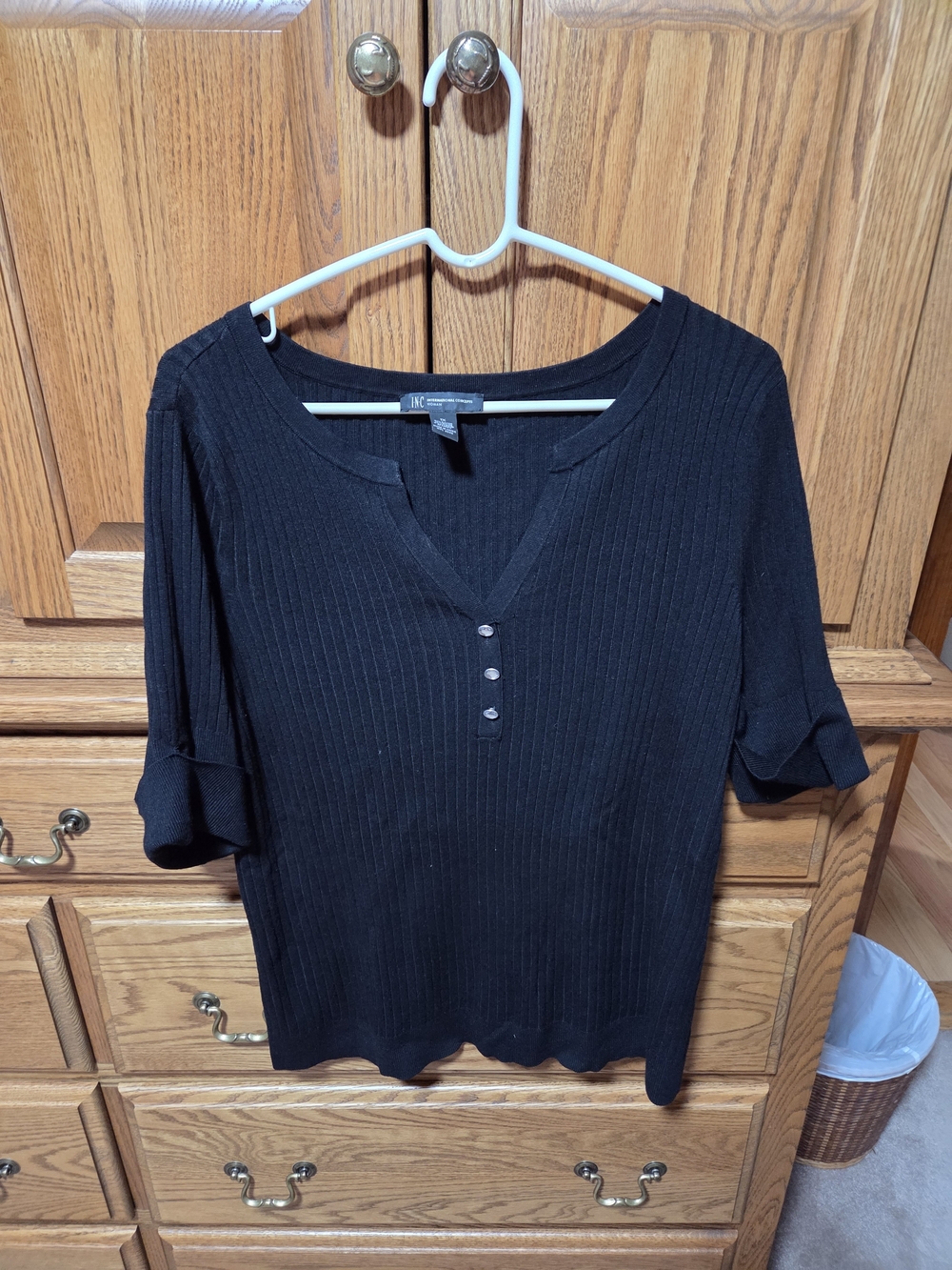 INC International Concept Black Ribbed Henley Top